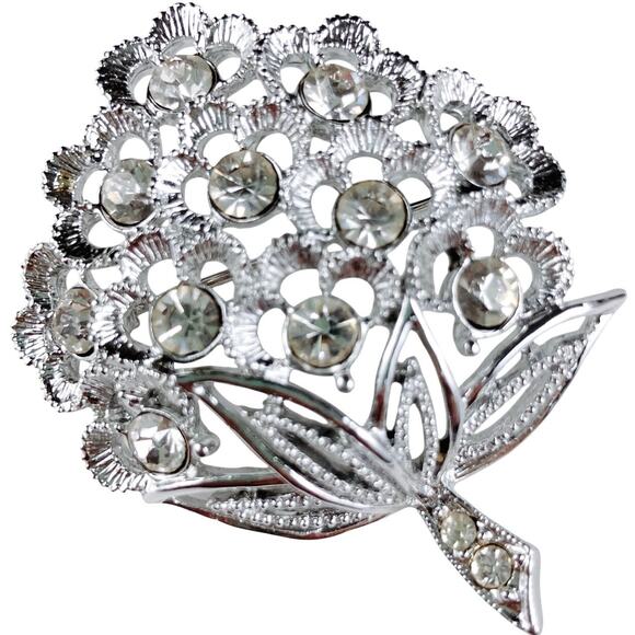 VTG Signed Sarah Coventry Mid Century Rhinestone Flower Brooch Silver Tone - Picture 1 of 9